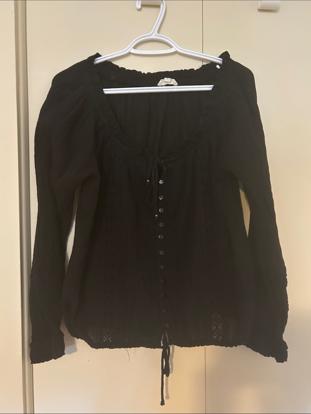 Elan Black Button-Front Peasant Blouse Size Large